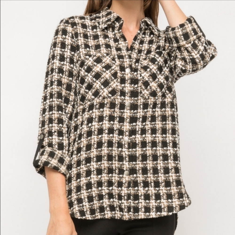 NWT Plaid black and white button up jacket by Mystree size Small, tts